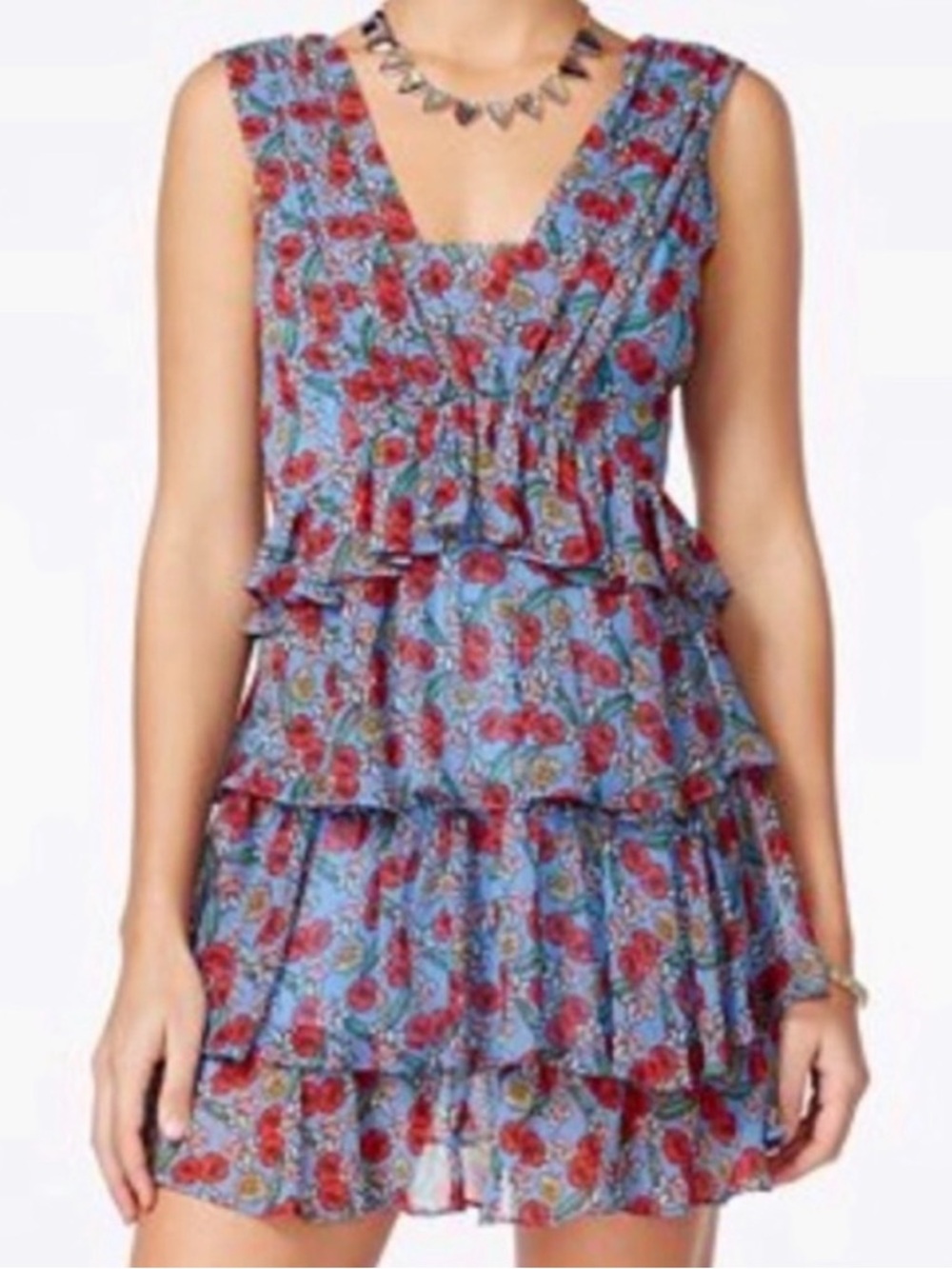 Tiered Floral V-Neck Mini Dress in Blue & Red